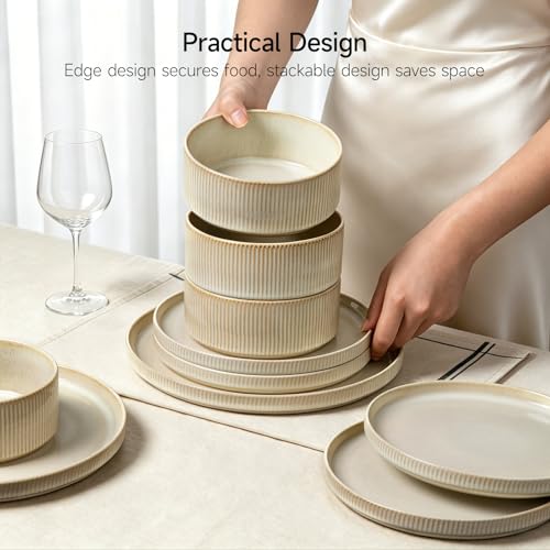 Stoneware Dinnerware Sets for 4 (Beige / 4-Set(12pcs))