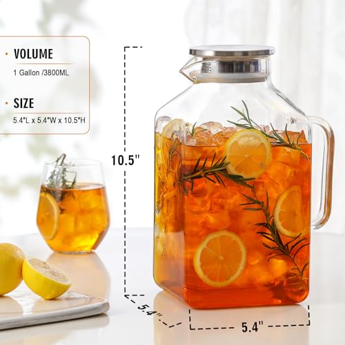 1 Gallon Square Glass Pitcher with Lid and Spout (Clear)