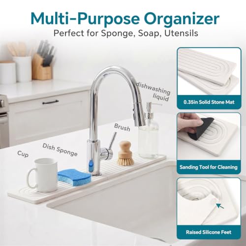 Stone Faucet Mat for Kitchen Sink (White / 15.7" x 3.9")