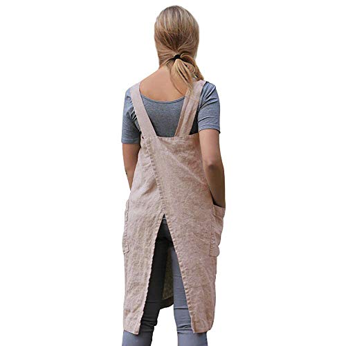Women's Pinafore Square Apron Baking Cooking Gardening Works Cross Back Cotton (Large / Pink)