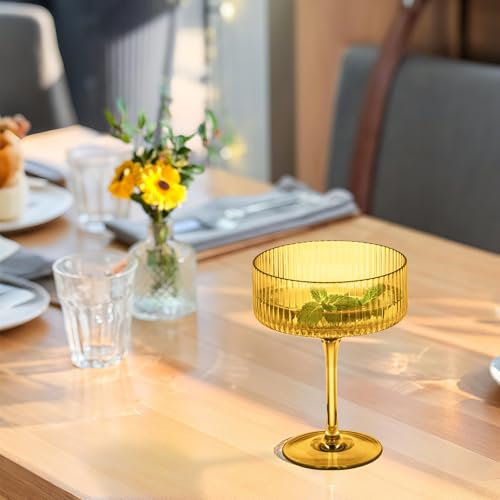 24 Pieces Martini Glasses 10.5oz Plasitc Ribbed Coupe Glasses Champagne Shatterproof Acrylic Vintage Cocktail Glassware Margarita Wine Glasses Disposable Cups for Parties Wedding Anniversary Bar Amber (Amber / 24 PCS)