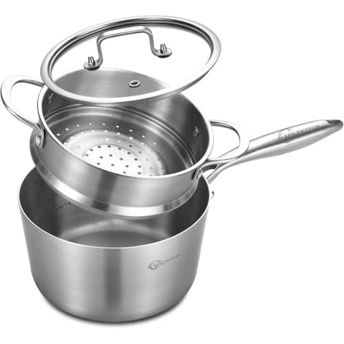 3 Quart Stainless Steel Saucepan with Steamer & Glass Lid (Silver)