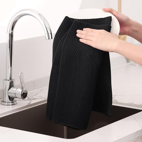 100% Cotton Oversized Waffle Weave Kitchen Towels 4 (Black / 20 X 28 - 4 Pack)