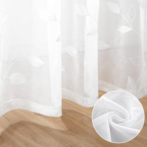 White Sheer Kitchen Curtains 52 x 45 Inch Length 2 Panels Embroidered Leaf Pattern Short Curtains for Bedroom Half Small Window Rod Pocket Tiers (52"W x 45"L (Pack of 2) / 4-white)