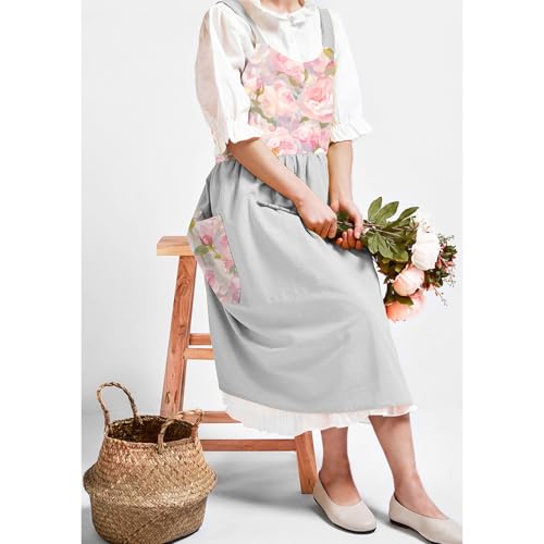 Women Cotton Linen Apron Soft Bib Smock Work Apron Pinafore Dress for Cooking (Flora White)