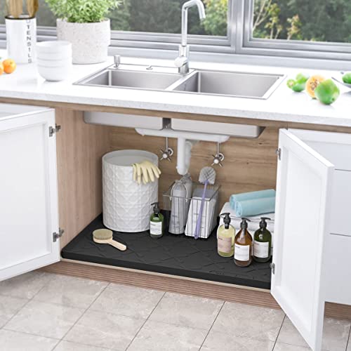 Waterproof Under Sink Mat 19" x 19" Silicone Mat Cabinet Protector (Black / 19"W x 19"L)