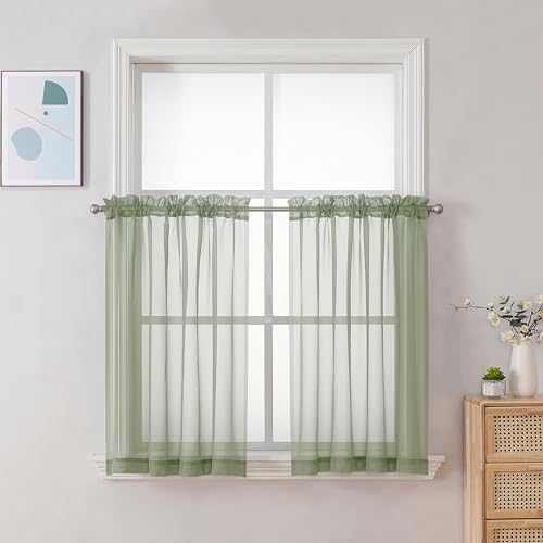 Sheer Curtains Tiers 42W x 24L Inches 2 Pieces Set (Sage Green / 42"W x 24"L (Pack of 2))