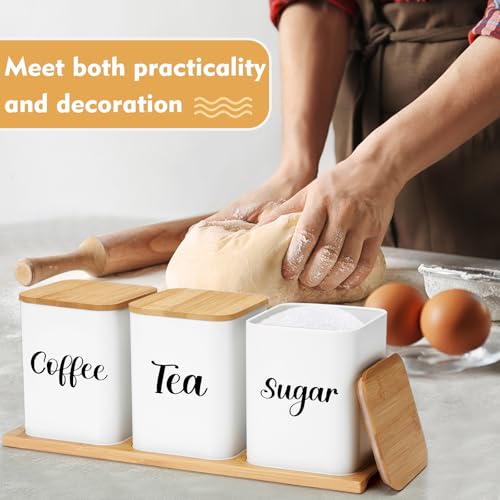 Coffee Tea Sugar Container with Tray Set of 3 Airtight Metal Canister with Bamboo Lid Tray for Kitchen Counter Dining Room Farm House Kitchen Style Drink Station Organizer Set (White)