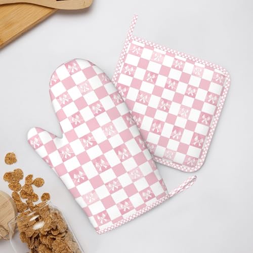 Oven Mitts and Pot Holders Pink Check Bow Pattern Silicone Kitchen Accessories Set of 4 Heat Resistant Long Gloves Potholder Non (A063221)