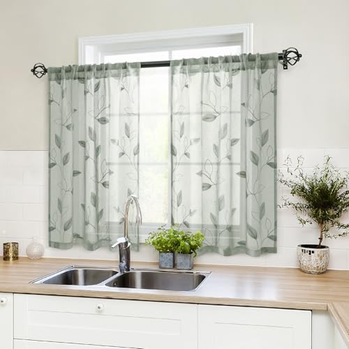 Sage Green Kitchen Tier Curtains Leaf Embroidered (30"W x 36"L (Pack of 2) / 1-sage Green)