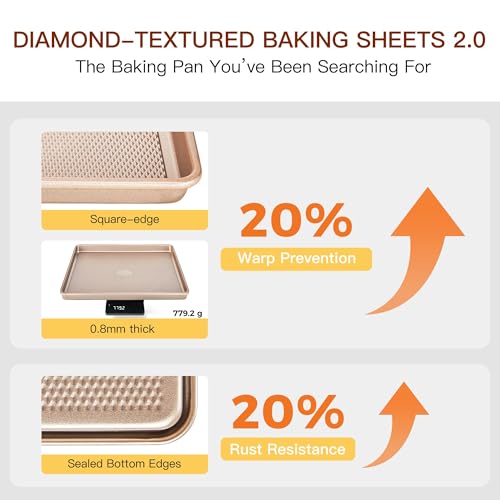 3 Pack Gold Nonstick Baking Sheet Pan Set with Oven Mitts Heat Resistant (Champagne Gold (Carbon Steel) + Mitts)