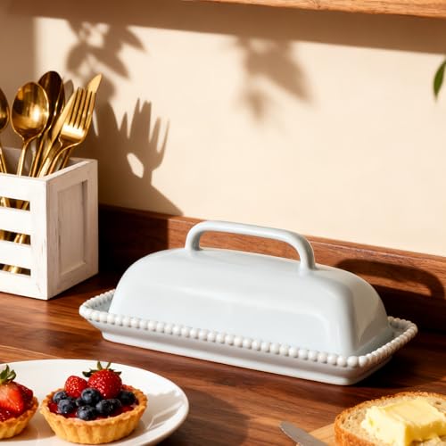 White Ceramic Butter Dish with Lid (White-Pearl)