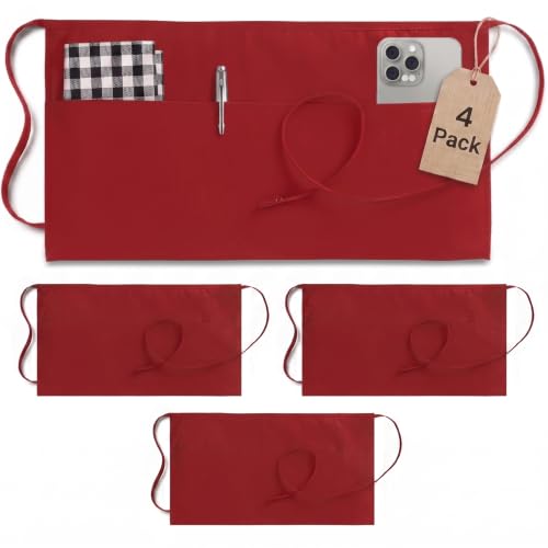 Server Waist Aprons 4 Pack Short 3 Pockets Men Women Red (24x12 Inches (Pack of 4) / Red)