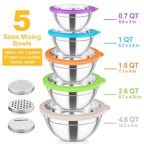 Mixing Bowls Stainless Steel Salad Serving Bowl with Clear Lids (Multicolor)
