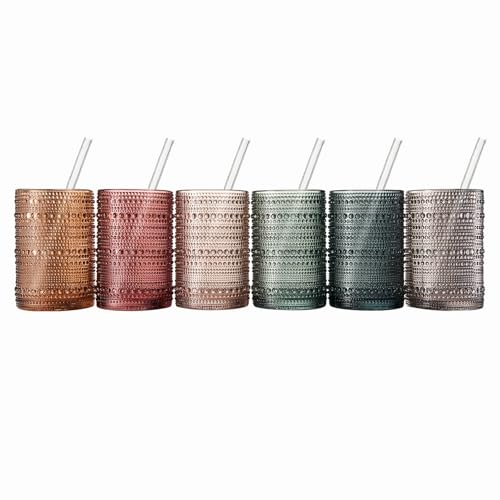 Hobnail Drinking Glasses & Straws (Neutral Muted Colors)
