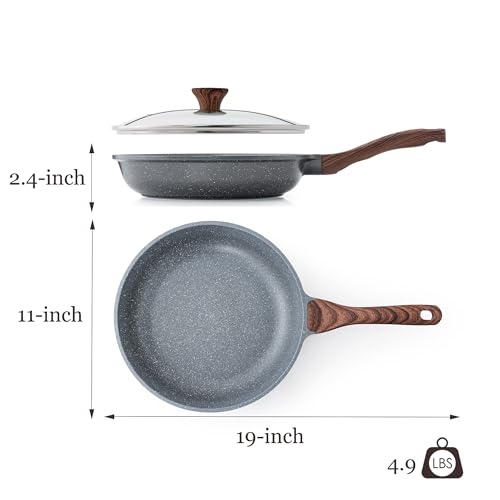 11inch Nonstick Frying Pan Chef's Pan with Glass Lid (Gray Granite / 11 Inch)