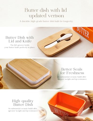 Ceramic Butter Dish with Lid and Knife Silicone Seal for Countertop Orange (Orange)