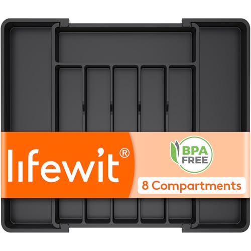 Expandable Silverware Drawer Organizer (Black / Large (11-18''W x 14''D))