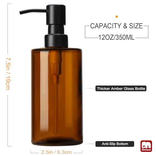 Amber Glass Soap Dispenser (Amber Bottle + Black Pump / 1 Pack - 12oz)