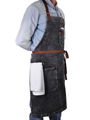 Black Denim Grill Apron with Pockets & Towel Loop for Men Women (Black Denim -1)
