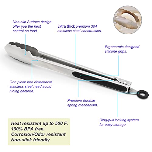 304 Stainless Steel Locking Kitchen Tongs (9" & 9" & 12" & 12" / Black)
