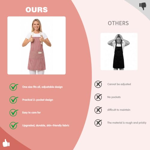 Aprons For women With Pockets Aprons For Soft Apron With An Adjustable Neck Strap (Red Fine Stripes)