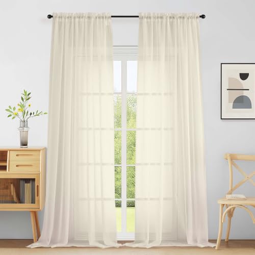 Extra Wide Cream Sheer Curtains for Window 96 Inches Long 2 Panels Set (59"W x 96"L (Pack of 2) / Cream)