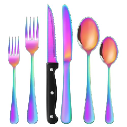 24 Piece Rainbow Silverware Set with Steak Knives Black Stainless Steel Flatware Set for 4 Food Grade Tableware Cutlery Set Rust (24Pcs-A)