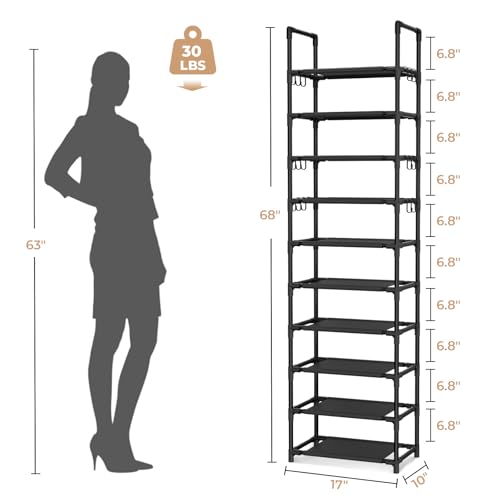 10 Tiers Tall Shoe Rack Holds 20 (Black / 17" Wide - 10 Tier)