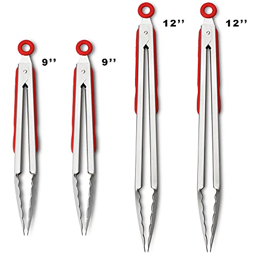 304 Stainless Steel Locking Kitchen Tongs (9" & 9" & 12" & 12" / Red)
