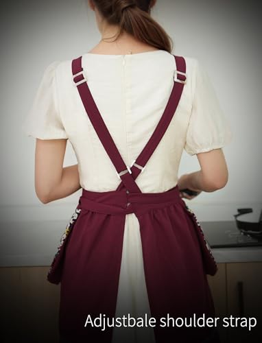 Kitchen Aprons for Women with Pockets Cute Floral Chef Pinafore Apron for Gardening Cooking Baking Painting (Burgundy)