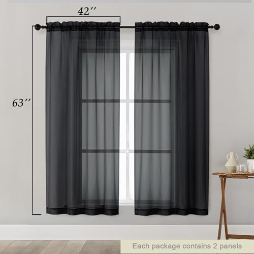 Sheer Black Curtains for Bedroom Living Room 63 Inch Length 2 Panels (Black / 42"W x 63"L (Pack of 2))