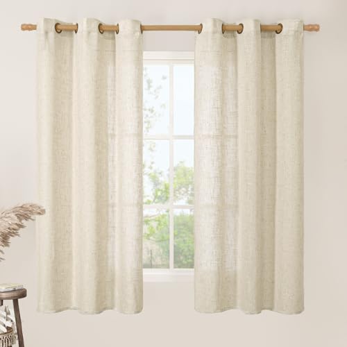 Beige Linen Semi Sheer Curtains 60 Inch Length for Kitchen 2 Panels (34"W x 60"L (Pack of 2) / Beige)