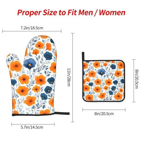 Spring Orange Blue Floral Oven Mitts and Pot Holders Sets of 3 (Orange and Blue Floral)