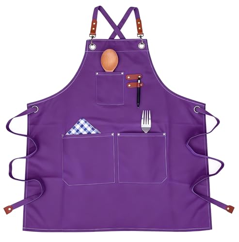 Canvas Cross Back Chef Cotton Apron for Men Women (Purple)