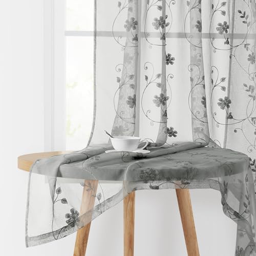 Grey Sheer Curtains 84 Inches Long 2 Panels Embroidered Floral Pattern Semi Sheer Window Curtains for Bedroom Living Room (52"W x 84"L (Pack of 2) / Grey)