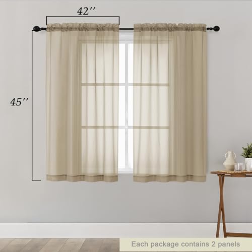 Taupe Sheer Curtains for Bedroom Living Room 45 Inch Length 2 Panels (Taupe / 42"W x 45"L (Pack of 2))
