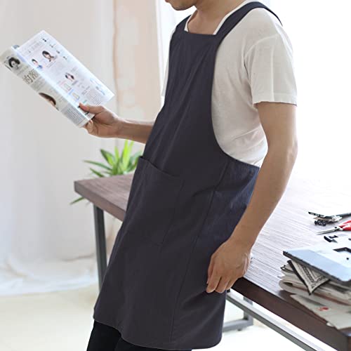 Japanese Linen Cross Back Kitchen Cooking Aprons for Men with Pockets for Baking Painting Gardening Cleaning Navy (13 - Men's Navy)
