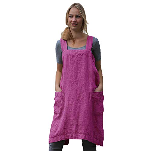Women's Pinafore Square Apron Baking Cooking Gardening Works Cross Back Cotton (Small / Y-purple Red)