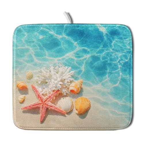 Coastal Starfish Dish Drying Mat 16"x18" Ocean Blue Sea Coral Seashell Dish Drainer Mats Nautical Beach Themed Decorative Reversible Dish Drying Pad for Kitchen Countertop Dining Room (18" x 16")