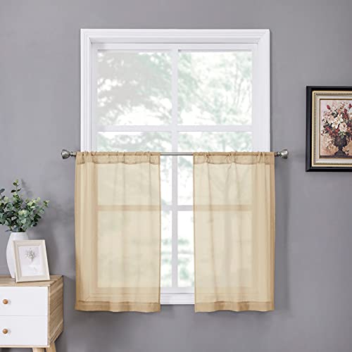 Sheer Tier Curtain Linen Textured Half Kitchen Curtains Sheer Light Filtering Rod Pocket Voile Small Curtains for Bathroom (25"W x 36"L (Pack of 2) / Beige)