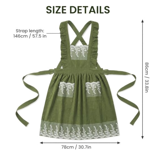 Vintage Aprons for Woman with Pockets Cute Lace Ruffle Adjustable Apron for Cooking Kitchen Baking Gardening (Army Green)