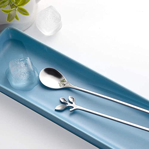 6 Piece Elegant Silver Leaf Long Handle Teaspoons (Silver)