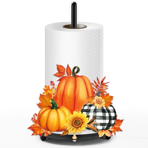 Fall Paper Towel Holder Thanksgiving Pumpkin Floral Kitchen Decor Leaves Sunflower Metal Towel Stand Autumn Decoration Accessory for Harvest Party Home Kitchen Countertop