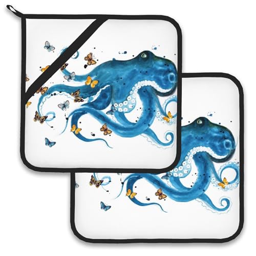 Blue Octopus Butterfly Pot Holder Set of 2 (Blue Octopus Butterfly)