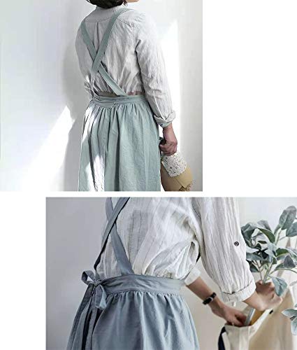 Cotton and linen Kitchen Cooking Aprons Dress for Women with Pockets Cute for Baking Painting Gardening Cleaning (Light Blue)