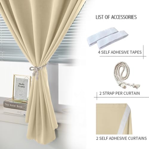 Self Adhesive Portable Blackout Curtains for Bedroom Easy to Install Window Thermal Lnsulated Kitchen Room Darkening Small Window Curtains (35"W x 59"L (Pack of 2) / Beige)