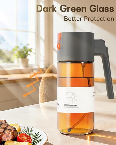 Olive Oil Sprayer & Dispenser Bottle for Cooking 17oz Dark Glass Oil Mister (Brown Bottle-Grey Gap)