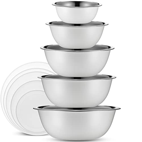10 Piece Stainless Steel Mixing Bowl Set with Lids for Food Prep & Storage (White Bowls - With White Lids)