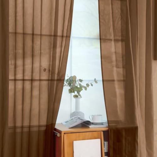 Solid Sheer Rod Pocket Curtain Voile Draperies 2 Panels White Beige Black Grey Coffee 52 Inch Width 90 Inch Long 1 Pair for Kitchen Bedroom Children Living Room Yard (Brown / 52"W x 90"L (Pack of 2))